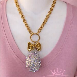 Gypsy South Rhinestone Easter Egg Gold Bow Necklace with Sparkling Pendant